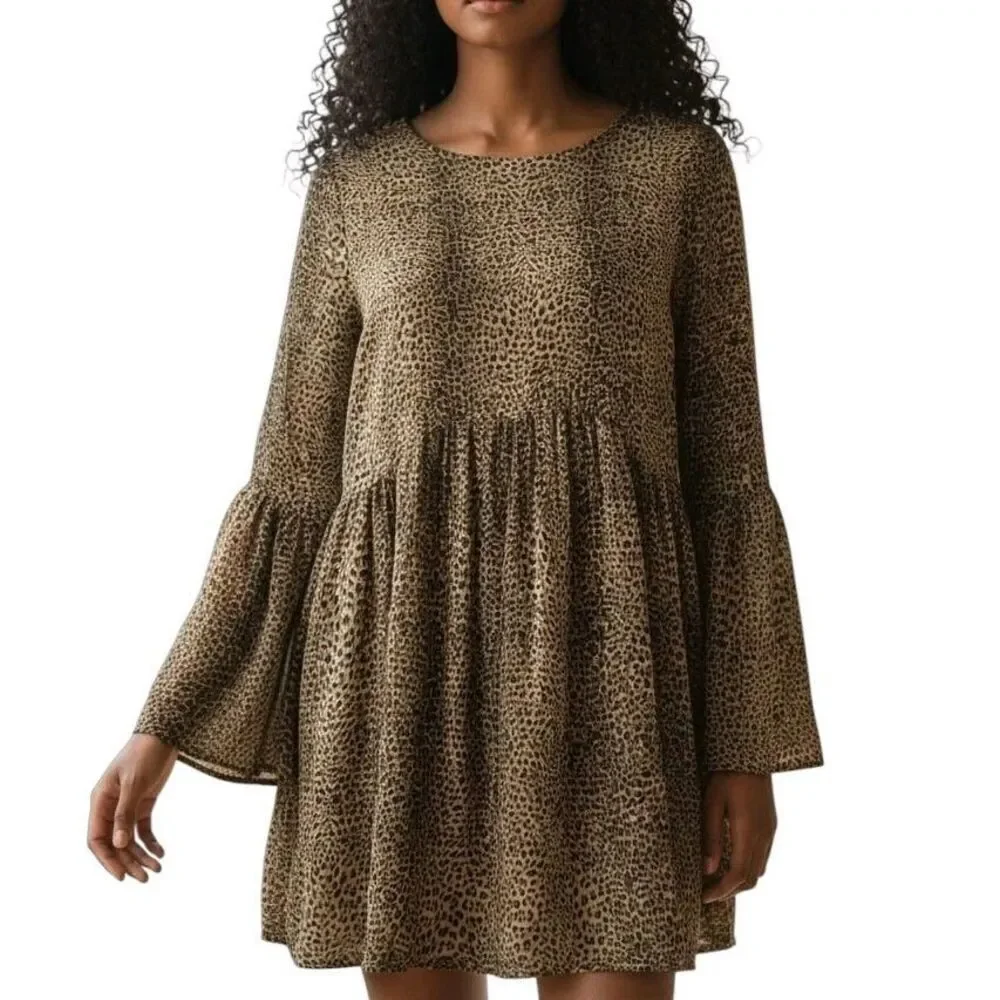 Adrienne Babydoll Dress Womens Size S Leopard Print Bell Sleeves Lined Chiffon